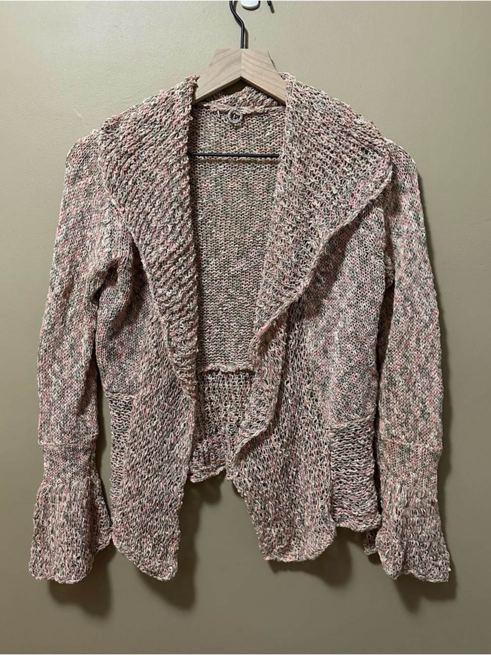 Anthropologie One Girl Who Pink Flecked Open-Front Knit Cardigan Bell Sleeves